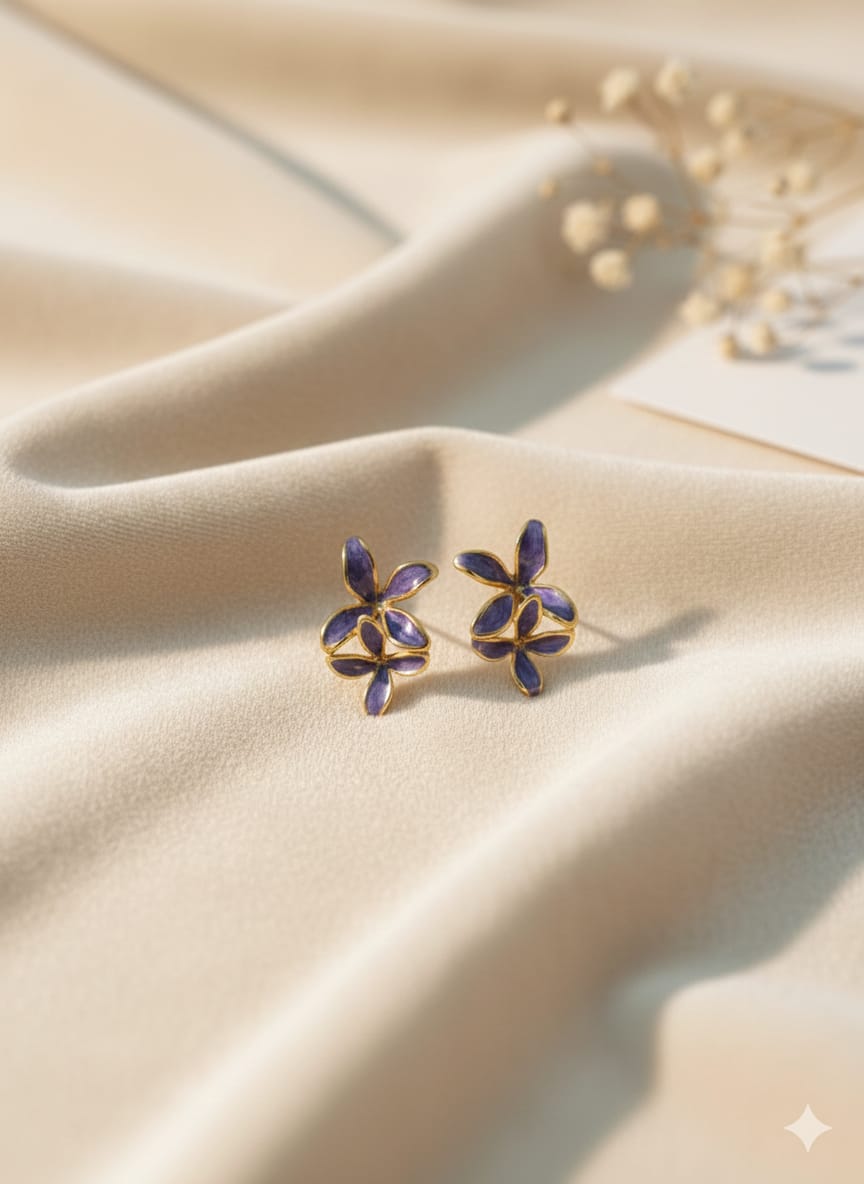 Purple Enamel and Gold-Toned Floral Stud Earrings.